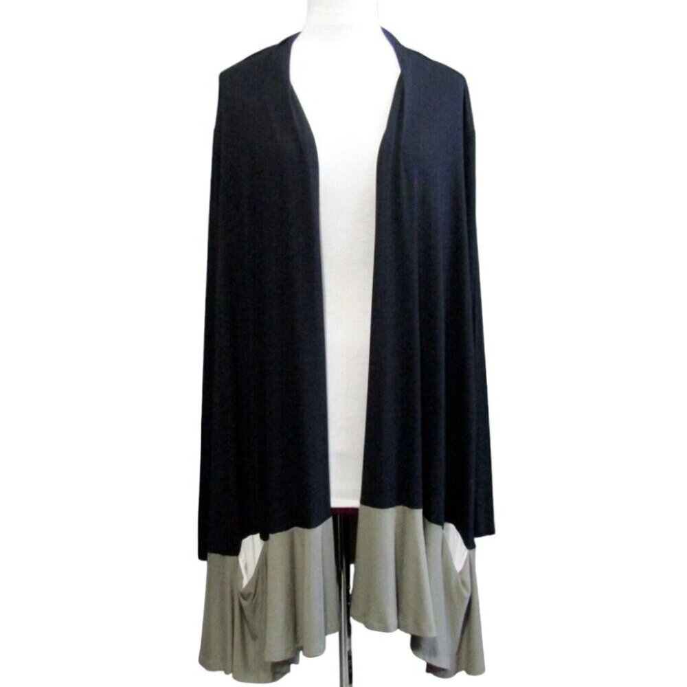 LOGO Lori Goldstein Color Block Cardigan Contrast Pocket 2X Black Green A272836